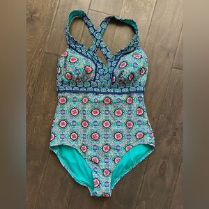 Catalina Blue and Green One Piece Swimsuit with Halter Neck
